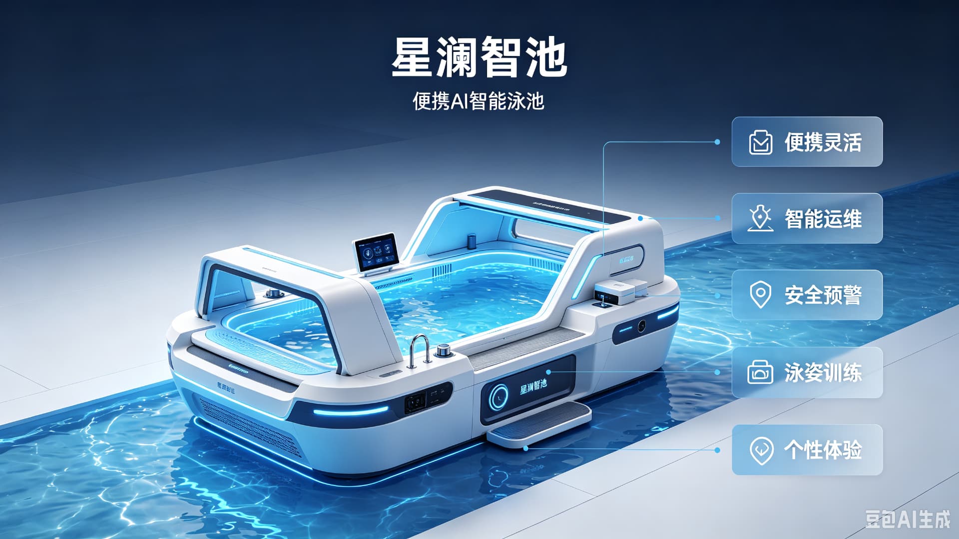 星澜智池便携 AI 智能泳池特性标注图