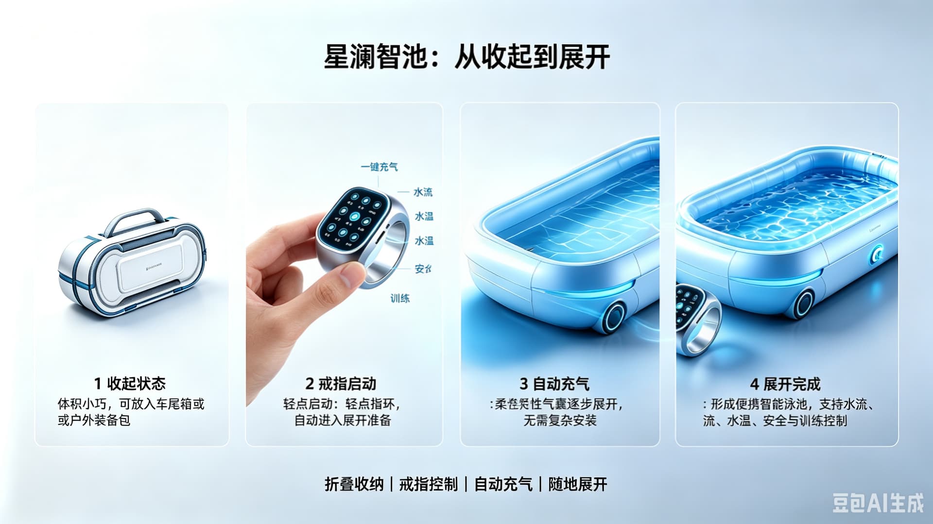 星澜智池从收起到展开的四步流程图